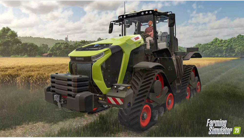 Een CLAAS Xerion tractor in een veld. De tractor is groen en zwart. Een man bestuurt hem.