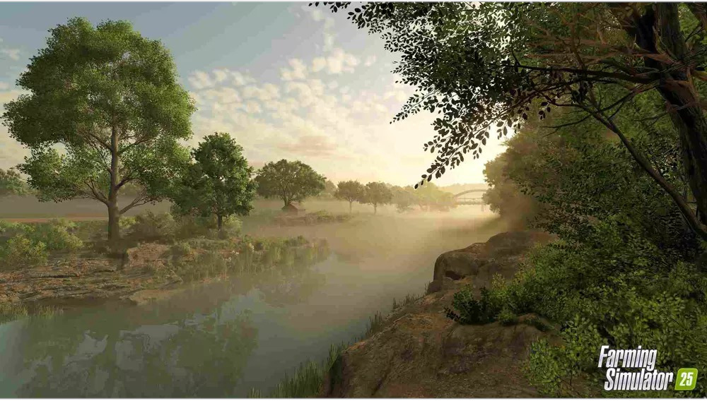 Landschap met bomen, water en een brug in de verte. De lucht is bewolkt.