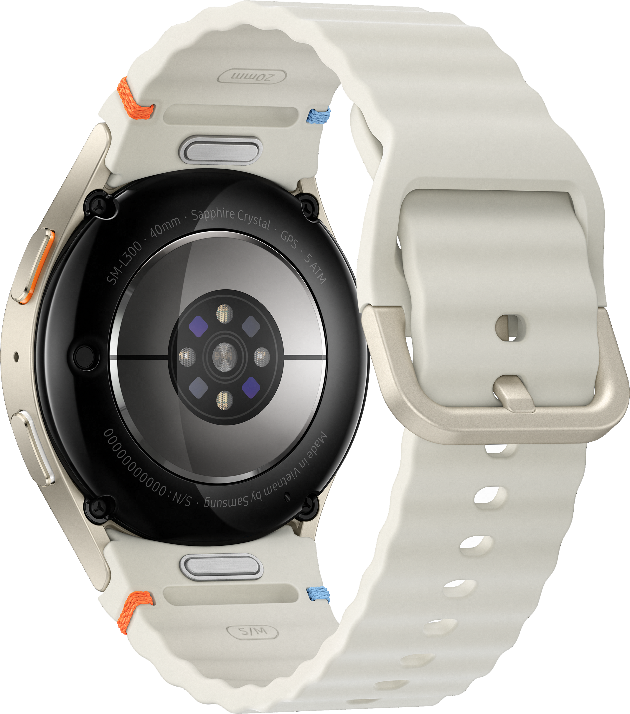Samsung Galaxy Watch hátulja fehér szíjjal és arany díszítéssel.