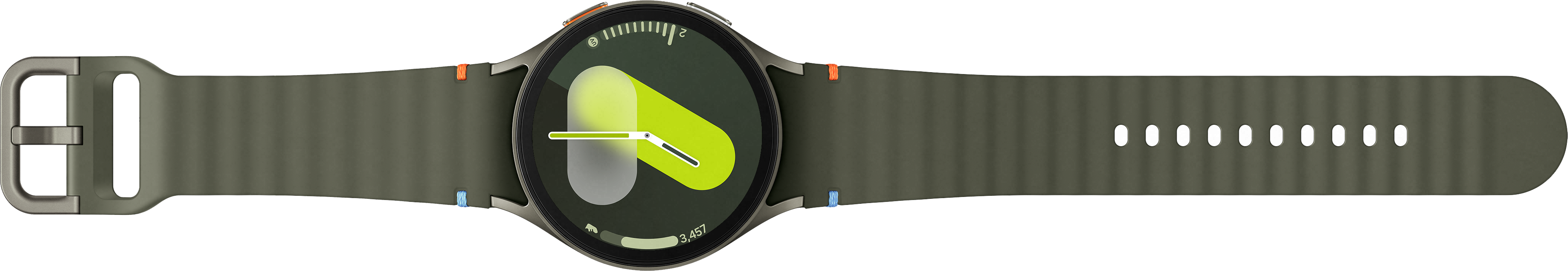 Egy Samsung Galaxy Watch 5, zöld szíjjal, az időt mutatja.