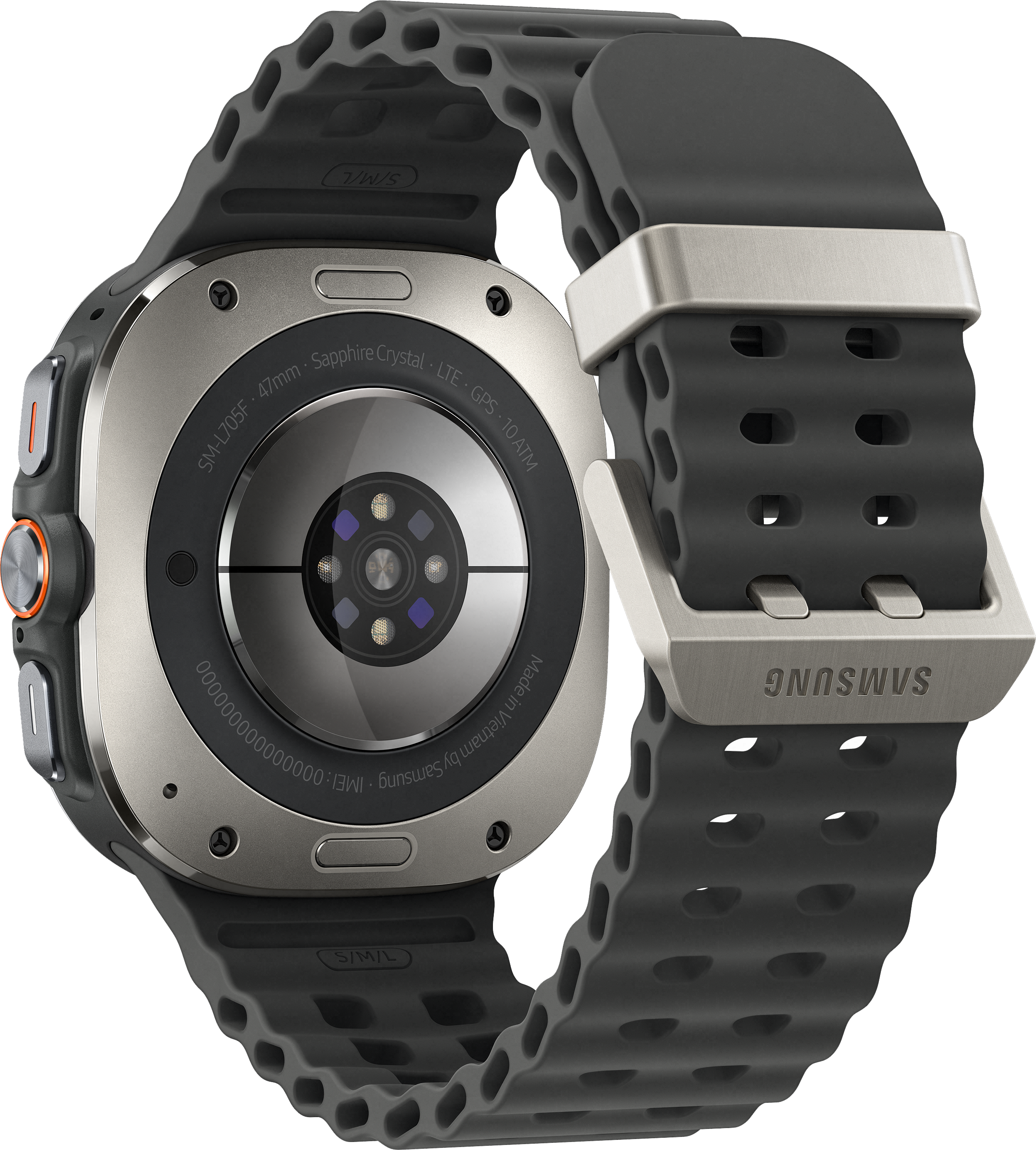 Samsung Galaxy Watch. Hátulnézet, szenzorokkal, szíjjal és felirattal: Sapphire Crystal, GPS, 10ATM.