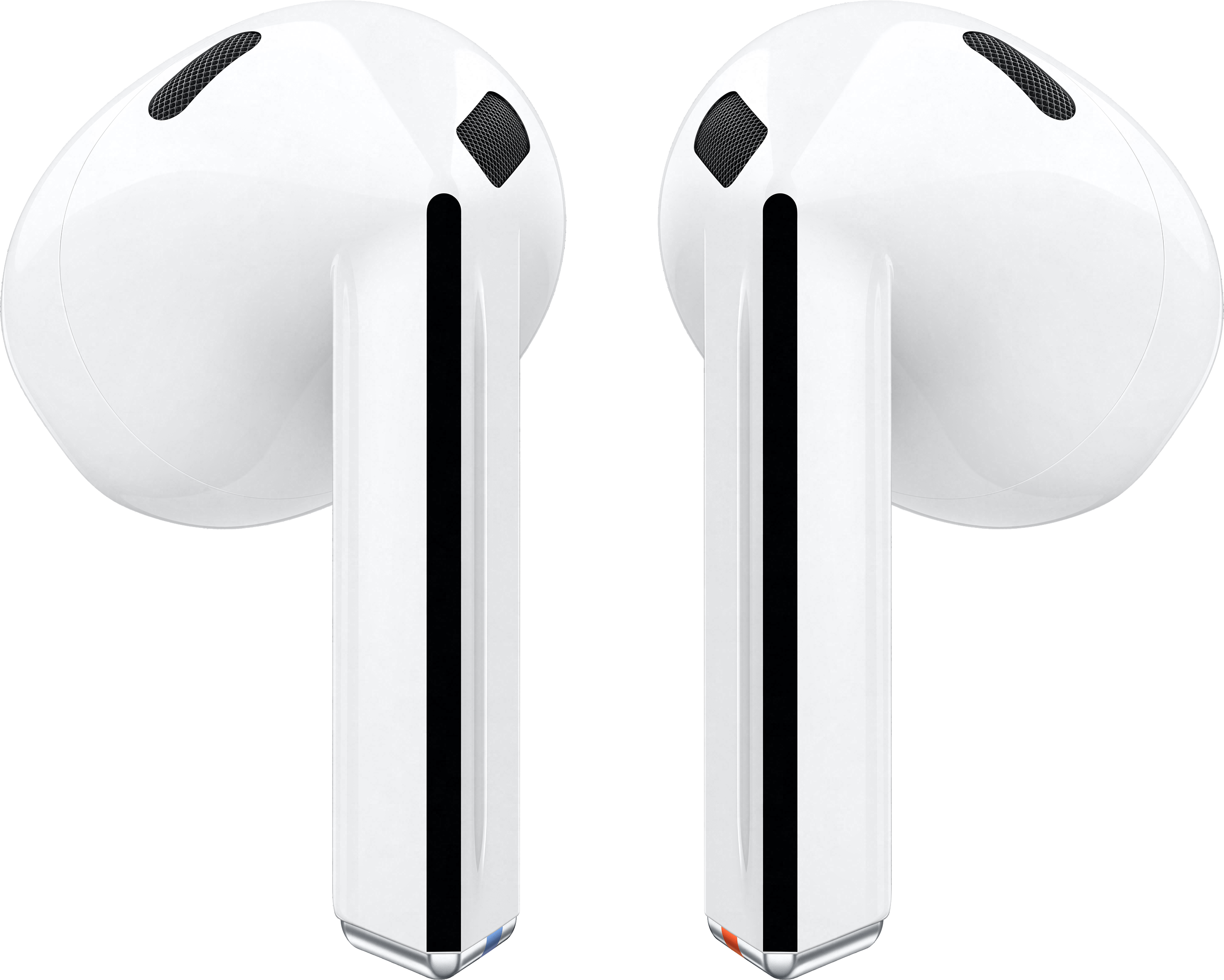 Két fehér AirPods. Az AirPods fekete hálóval és sötét csíkkal rendelkezik.