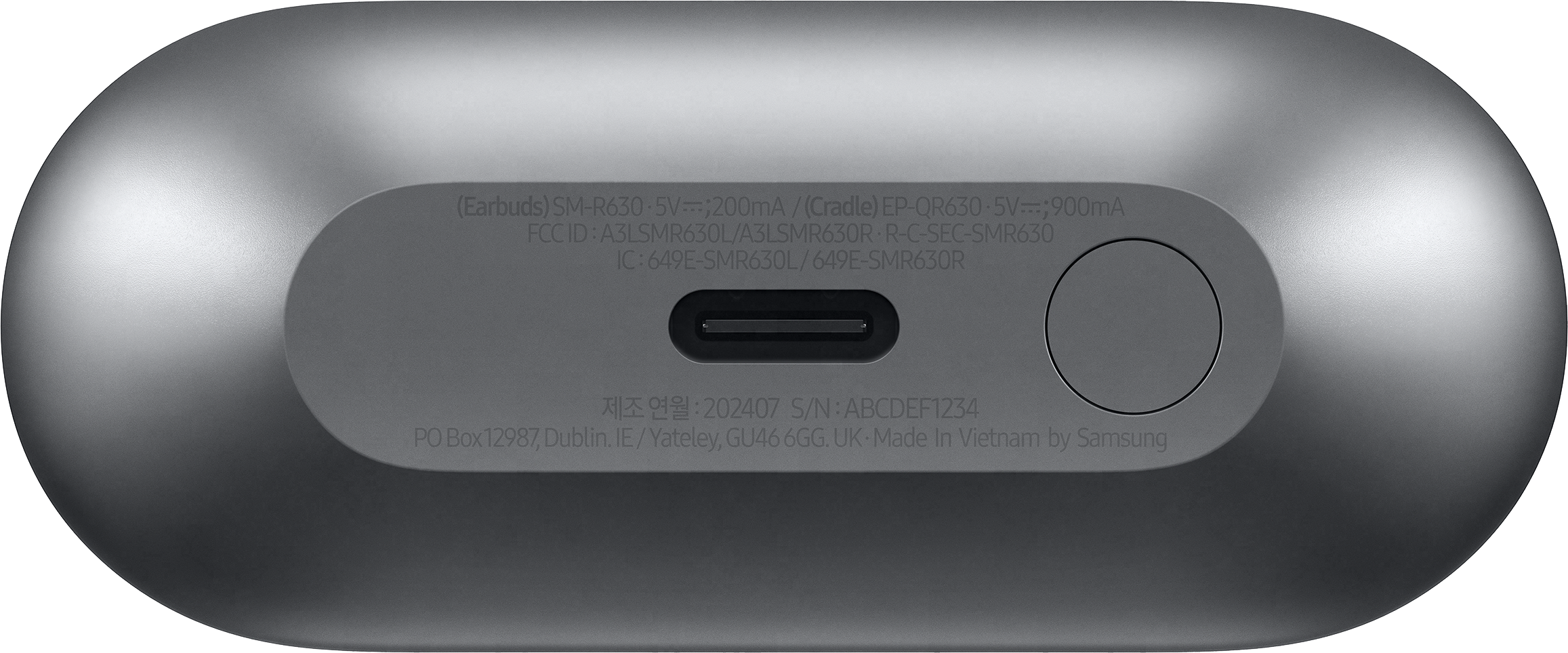 Szürke töltőtok, USB-C porttal és termékinformációval.