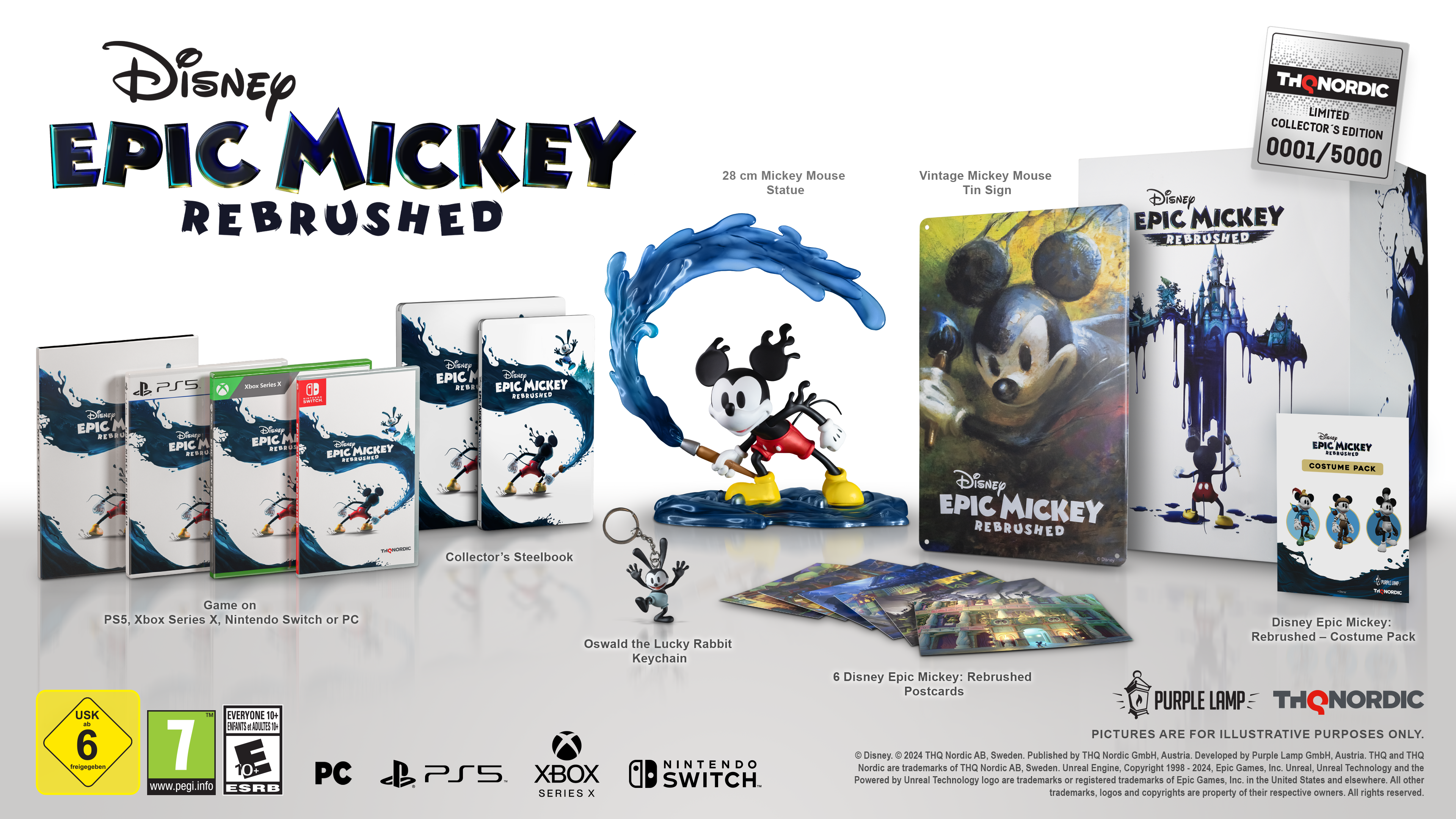 Verschiedene Epic Mickey Rebrushed Artikel: Spiele, Statuen und Sammlerstücke.