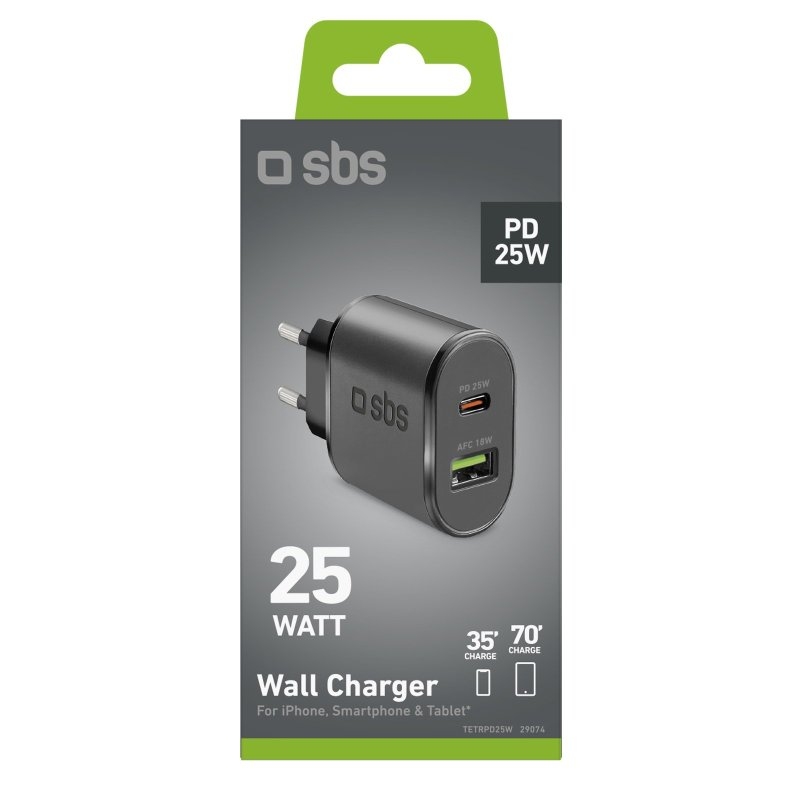Schwarz-graues Wandladegerät mit zwei USB-Anschlüssen. Verpackung zeigt Text und 25-Watt-Bewertung.