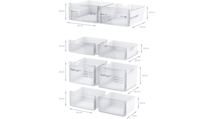 Cajones de refrigerador. Cajones transparentes con etiquetas y dimensiones. Varios tamaños y configuraciones.