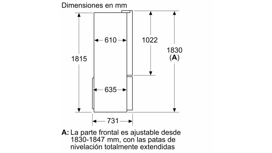 Dibujo técnico con dimensiones de un frigorífico en milímetros.