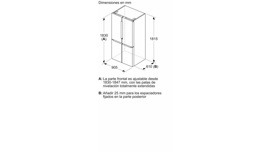 Diagrama de un refrigerador con dimensiones en mm y descripción en español.