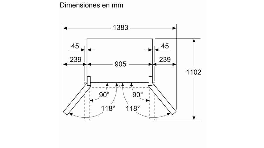 Un dibujo técnico con dimensiones de un armario rectangular con dos puertas.