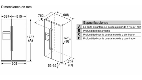 Una ilustración de un refrigerador, con dimensiones y especificaciones en mm. Fondo blanco.