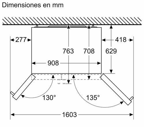 Diagrama de un objeto rectangular con dimensiones en milímetros. Los ángulos son 130 y 135 grados.