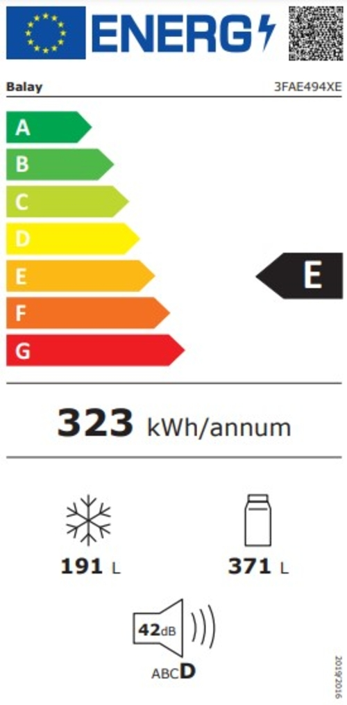 Etiqueta energética con calificación 'A' verde. Muestra el consumo de energía y otros detalles.