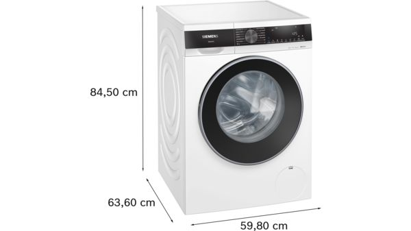 Lavadora Siemens blanca con dimensiones y puerta negra.
