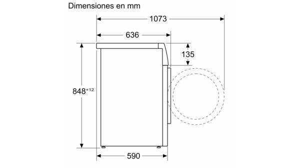 Diagrama que muestra las dimensiones de una lavadora. Medidas en milímetros.
