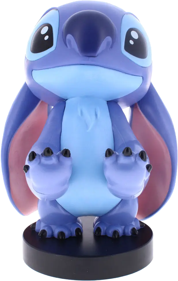 Figurine Stitch. Corps bleu, grandes oreilles, base noire. Vue de face, souriant.
