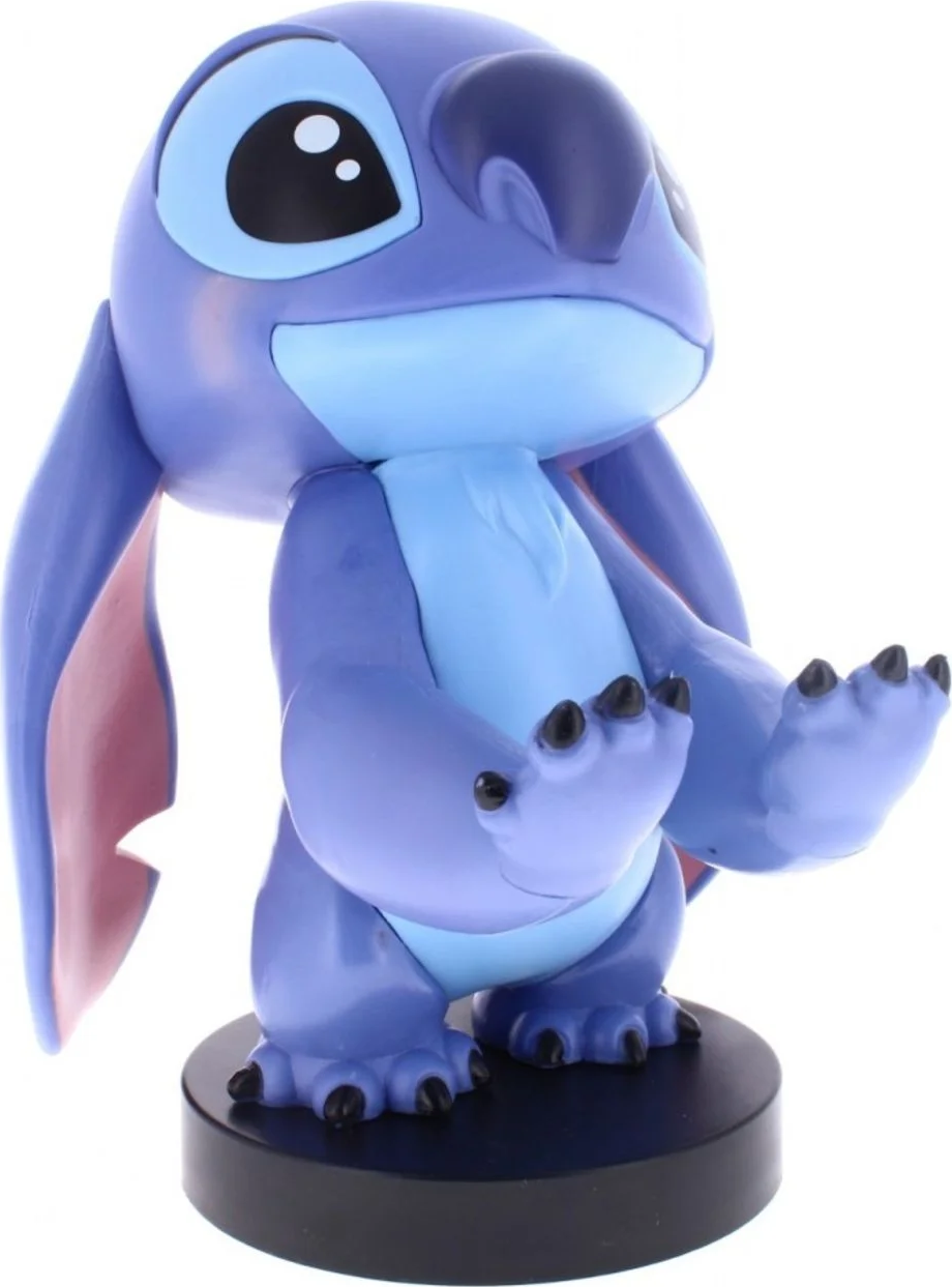 Une figurine bleue de Stitch sur une base noire, les bras tendus, avec une expression enjouée.