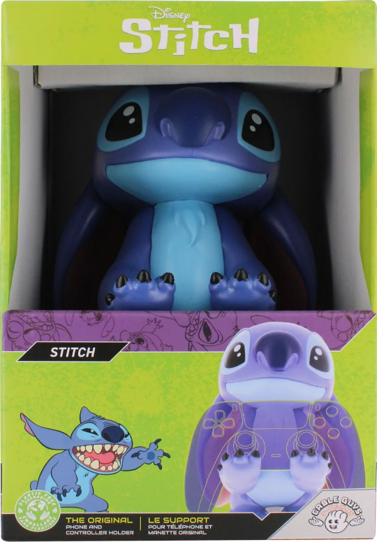 Figurine Stitch dans une boîte, avec un dessin Stitch sur la boîte.