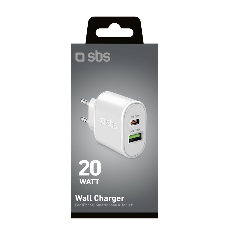 Weißes Ladegerät mit zwei Anschlüssen in einer schwarz-weißen Box, 20 Watt, Wandladegerät.