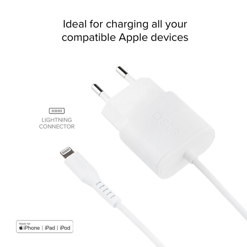 Ein weißes Ladegerät mit Lightning-Anschluss und Kabel wird vor weißem Hintergrund gezeigt.