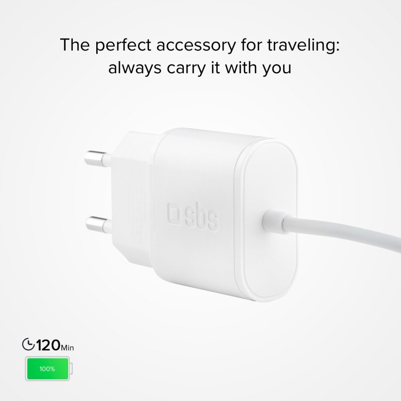 Ein weißes Netzteil mit Kabel und einem grünen Batteriesymbol, das 100 % anzeigt.