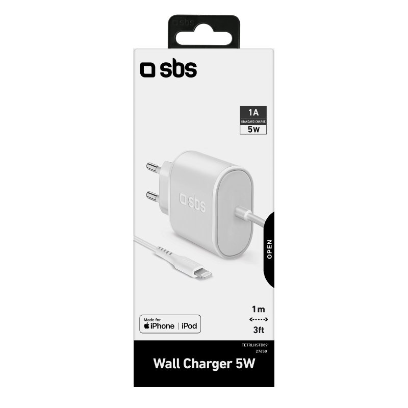 Weißes Wandladegerät mit Kabel und Produktbox. Box: 1A Standardladung, 5W.
