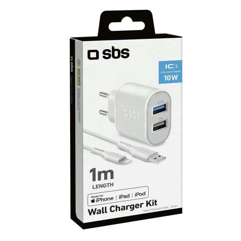 Weißes Ladegerät-Kit mit USB- und Lightning-Kabeln, in einer weißen und schwarzen Box.