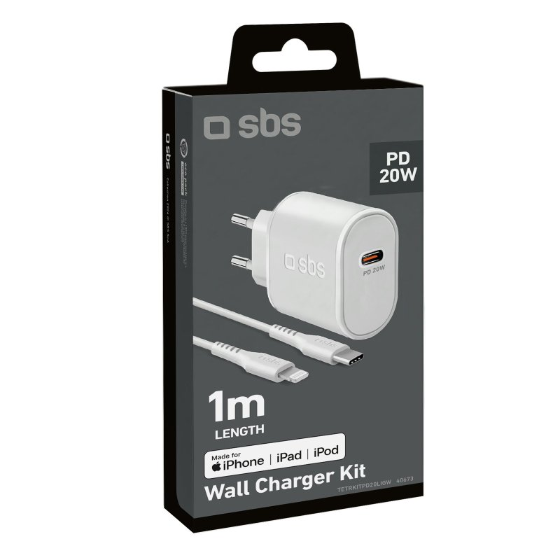 Weißes Wandladegerät-Kit mit Kabel und Branding, auf einer schwarz-weißen Box.