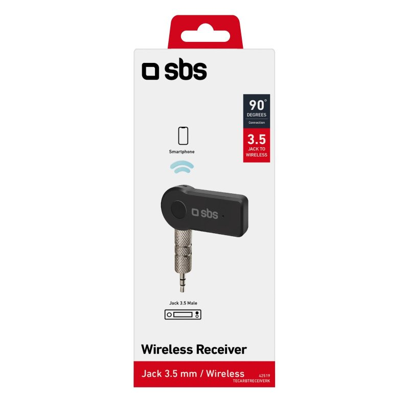 SBS Wireless-Empfänger-Verpackung. Enthält einen schwarzen Empfänger, 3,5-mm-Klinke und das Markenlogo.
