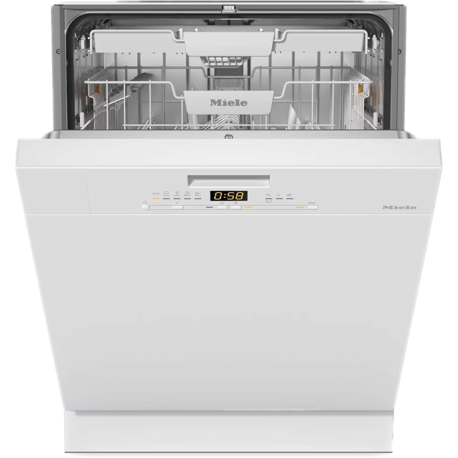 Een witte Miele vaatwasser met de deur open, met de binnenrekken.