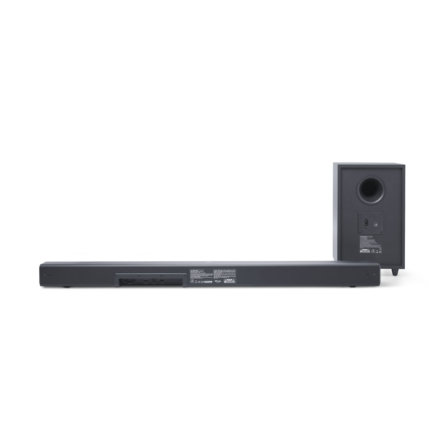 Zwarte soundbar en subwoofer set. De soundbar staat vooraan, de subwoofer achteraan.