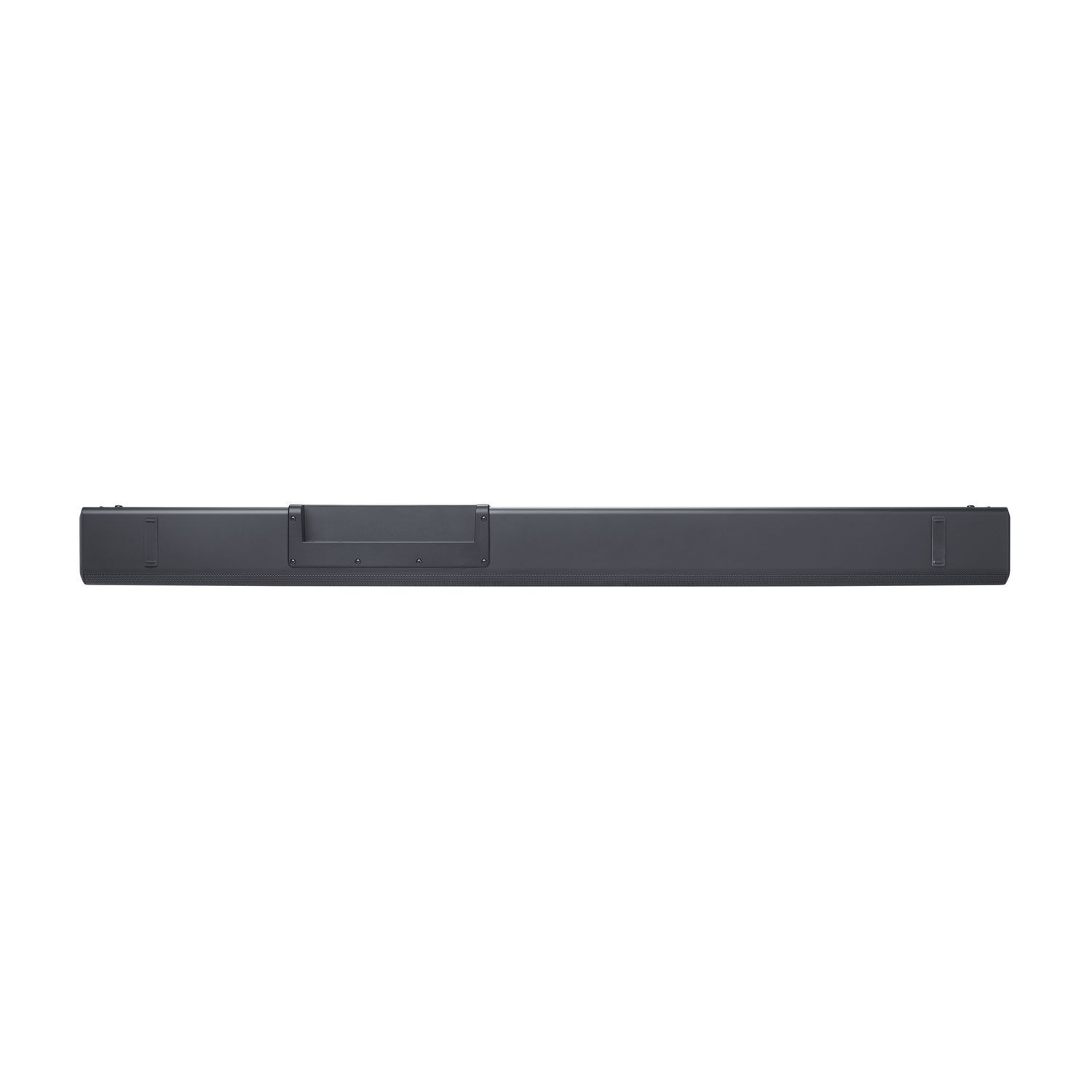 Lange, donkergekleurde soundbar op een witte achtergrond, bovenaanzicht.