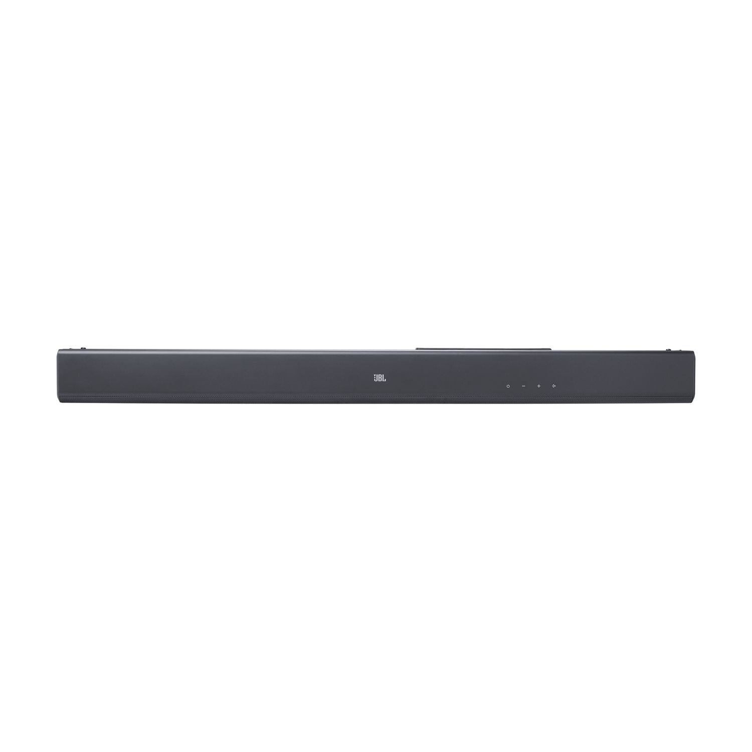 Een lange, donkergrijze JBL soundbar op een witte achtergrond.