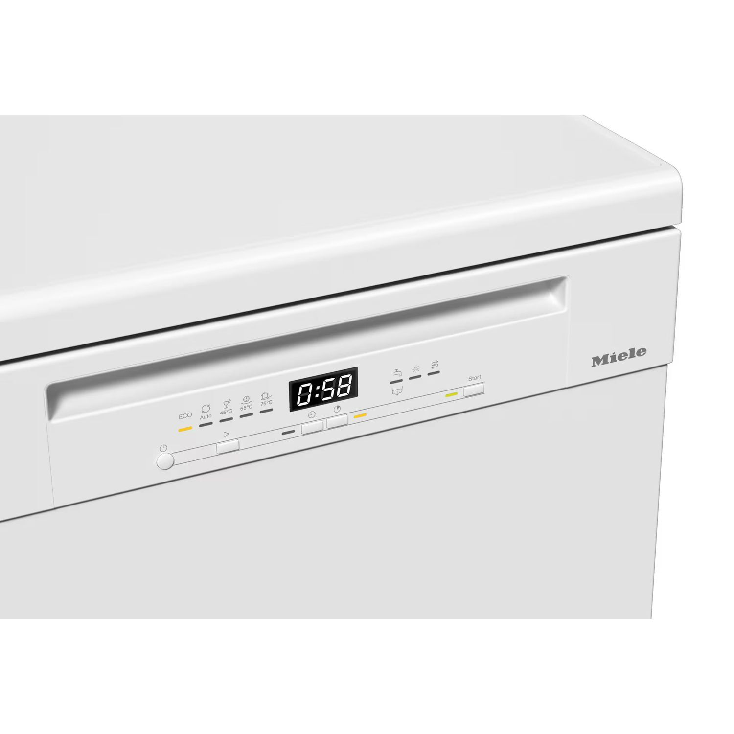 A white dishwasher control panel, displaying a timer and program options, with the Miele logo.