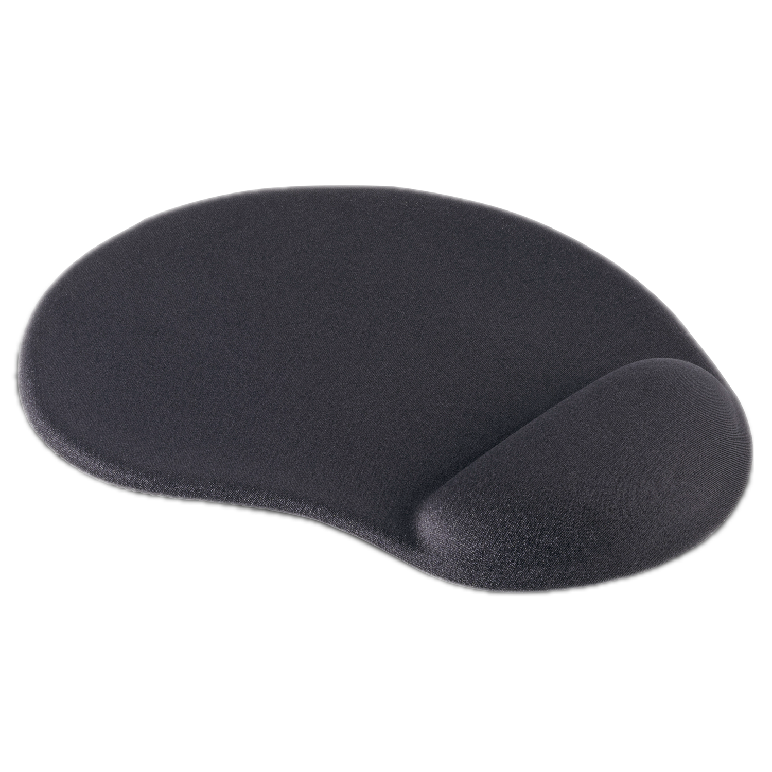Zwarte ergonomische muismat met polssteun. Het heeft een gebogen ontwerp.