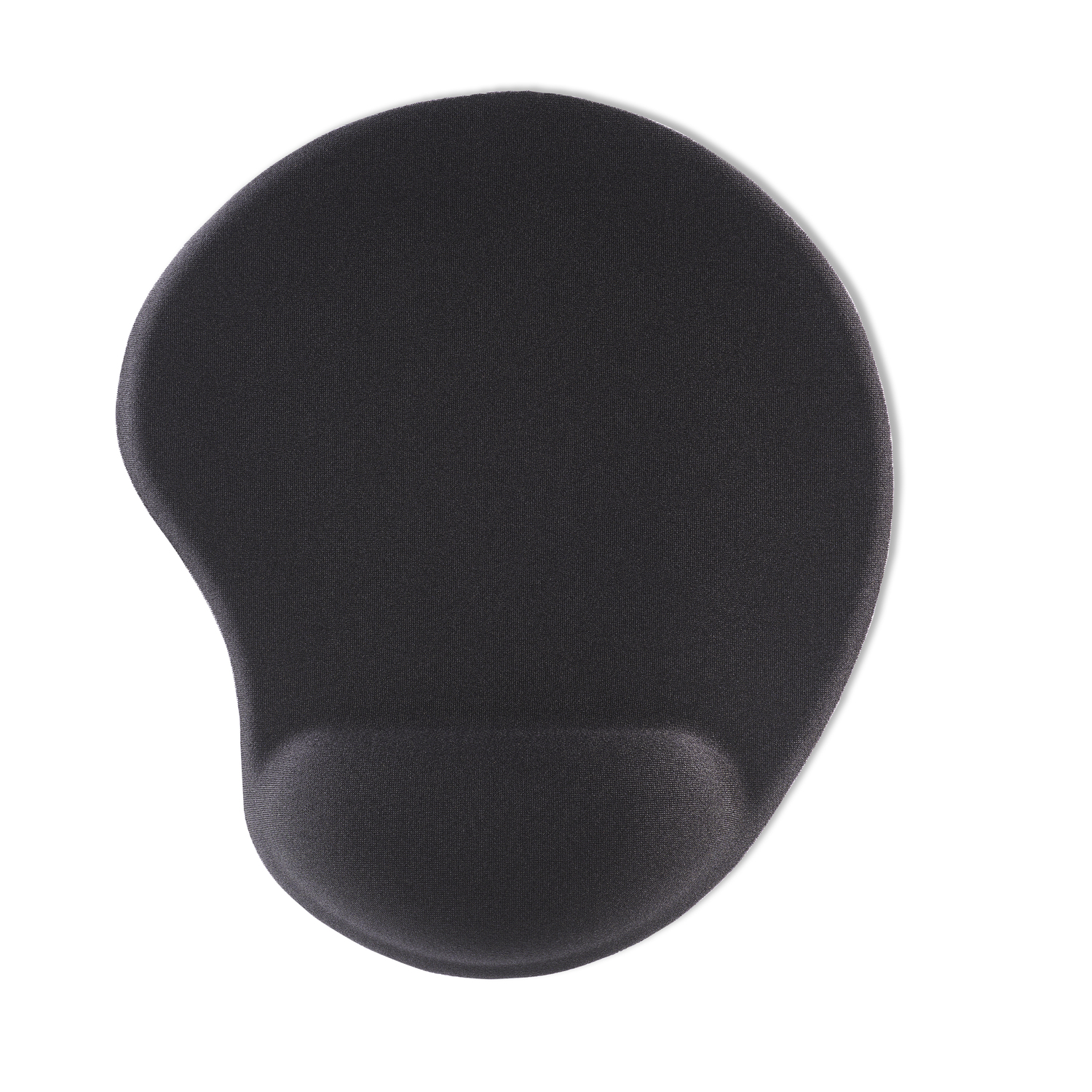 Zwart ergonomisch muismatje met polssteun, witte achtergrond.