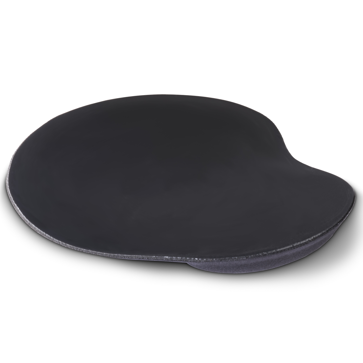 Een donkergrijze muismat met een gebogen steun voor de pols.