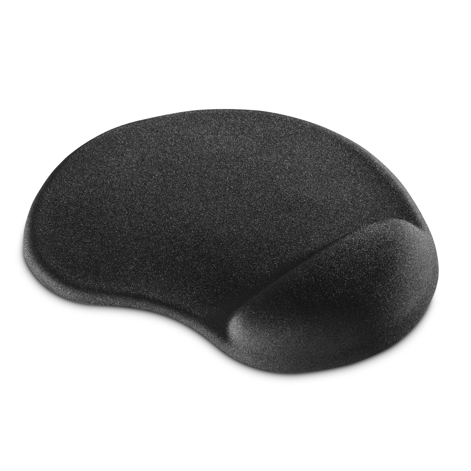 Zwart ergonomisch muismat. Het heeft een polssteun aan de rechterkant.