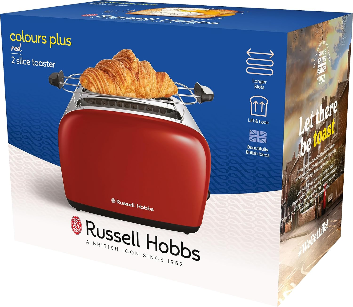 Caja de tostadora roja con cruasán en la tostadora. Texto: Russell Hobbs y colours plus.