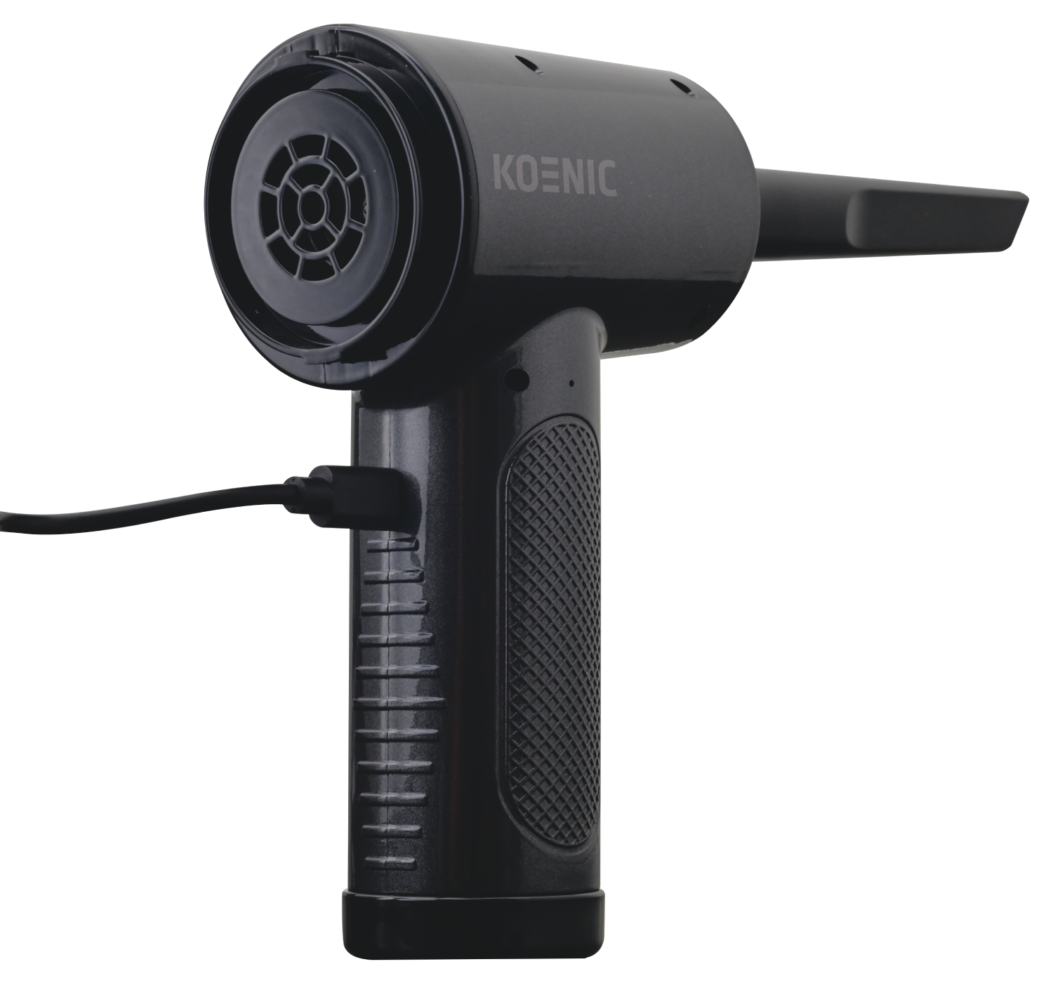 Aspirador de aire Koenic negro con boquilla y puerto de carga USB.