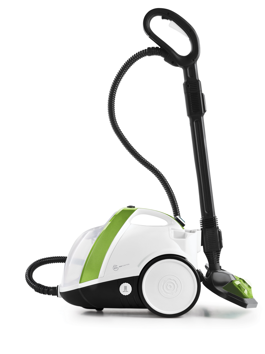 Limpiador a vapor blanco y verde con asa, manguera y cabezal de limpieza.