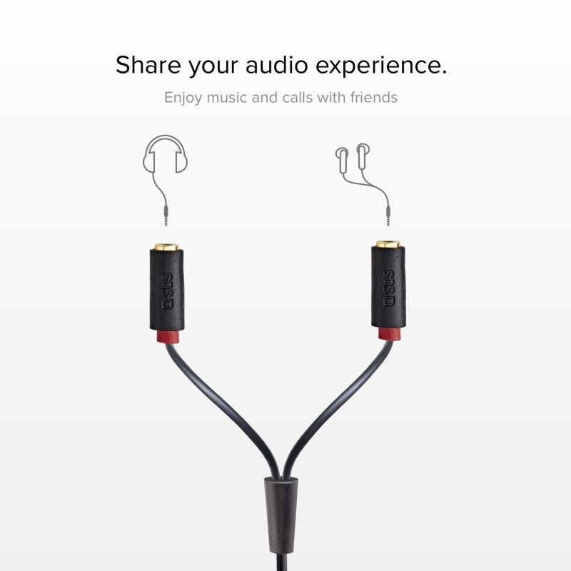 Zwei schwarze Audiobuchsen mit roten Akzenten. Sie sind durch ein schwarzes Kabel verbunden.