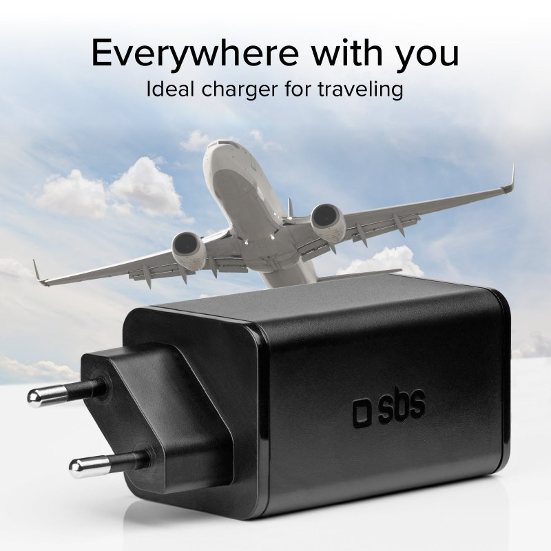 Schwarzes Ladegerät mit zwei Stiften, mit Flugzeug im Hintergrund und Text ideal charger.