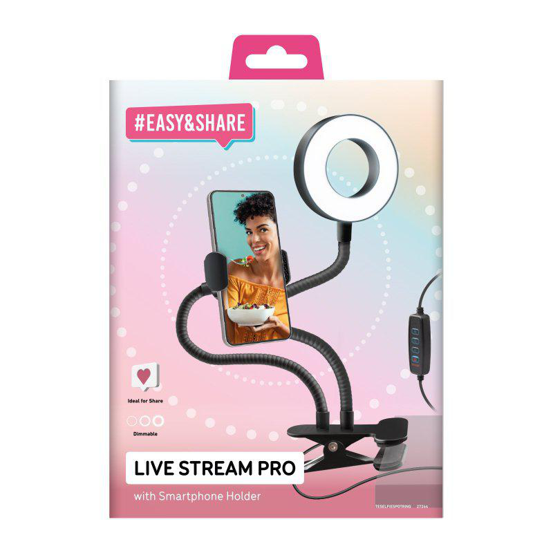 Ein Ringlicht mit Telefonhalter, eine Frau auf einem Bildschirm und die Worte 'Live Stream Pro'.