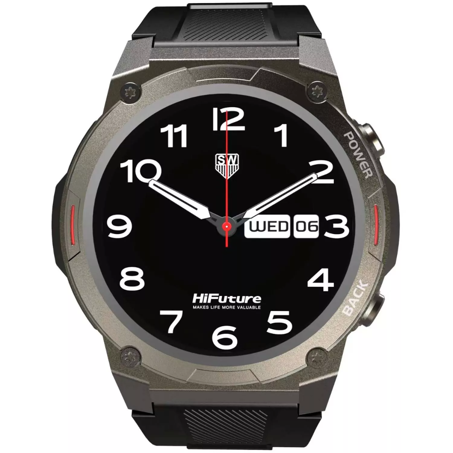 Czarny smartwatch z ciemną tarczą, cyframi i dwoma bocznymi przyciskami.