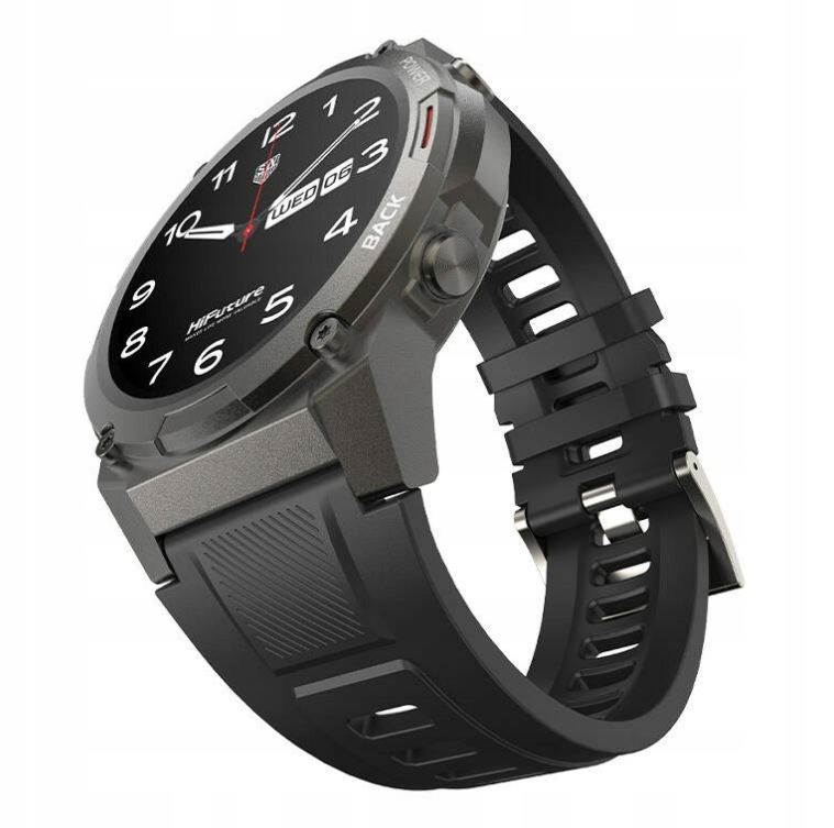 Smartwatch z czarnym paskiem. Pokazuje czas, datę i inne dane. Ma przyciski wstecz i zasilania.