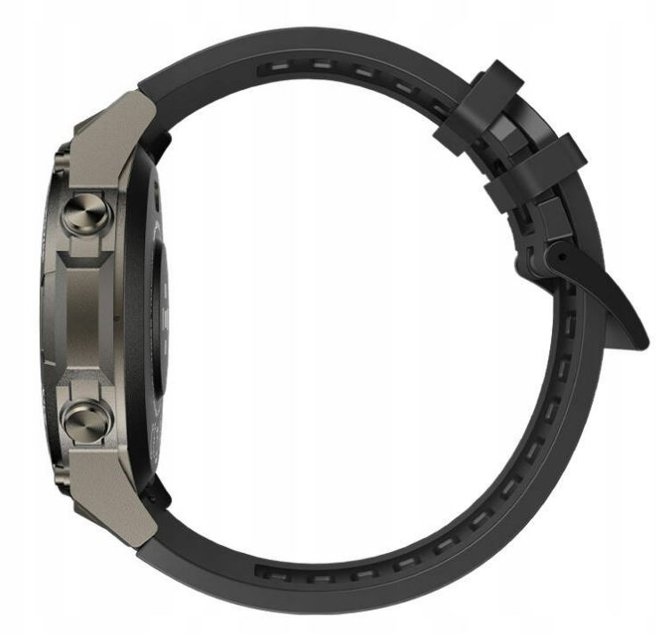 Widok z boku czarnego smartwatcha z czarnym paskiem. Dwa przyciski z boku zegarka.