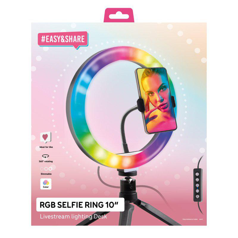 Ein Selfie-Ring mit einem Telefon. Der Ring ist regenbogenfarben und hat Text darauf.