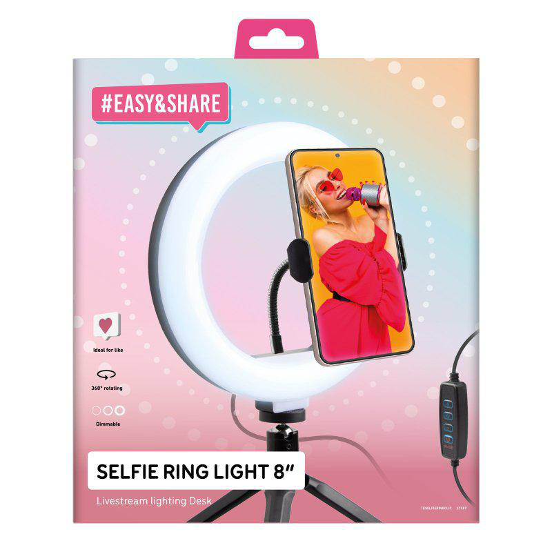 Ein Selfie-Ringlicht mit Smartphone, das eine Frau zeigt, plus Text: #EASY&SHARE, SELFIE RING LIGHT.