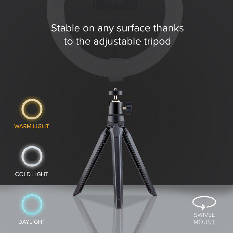 Ringlicht mit verstellbarem Stativ. Warme, kalte und Tageslichtoptionen werden unten angezeigt.