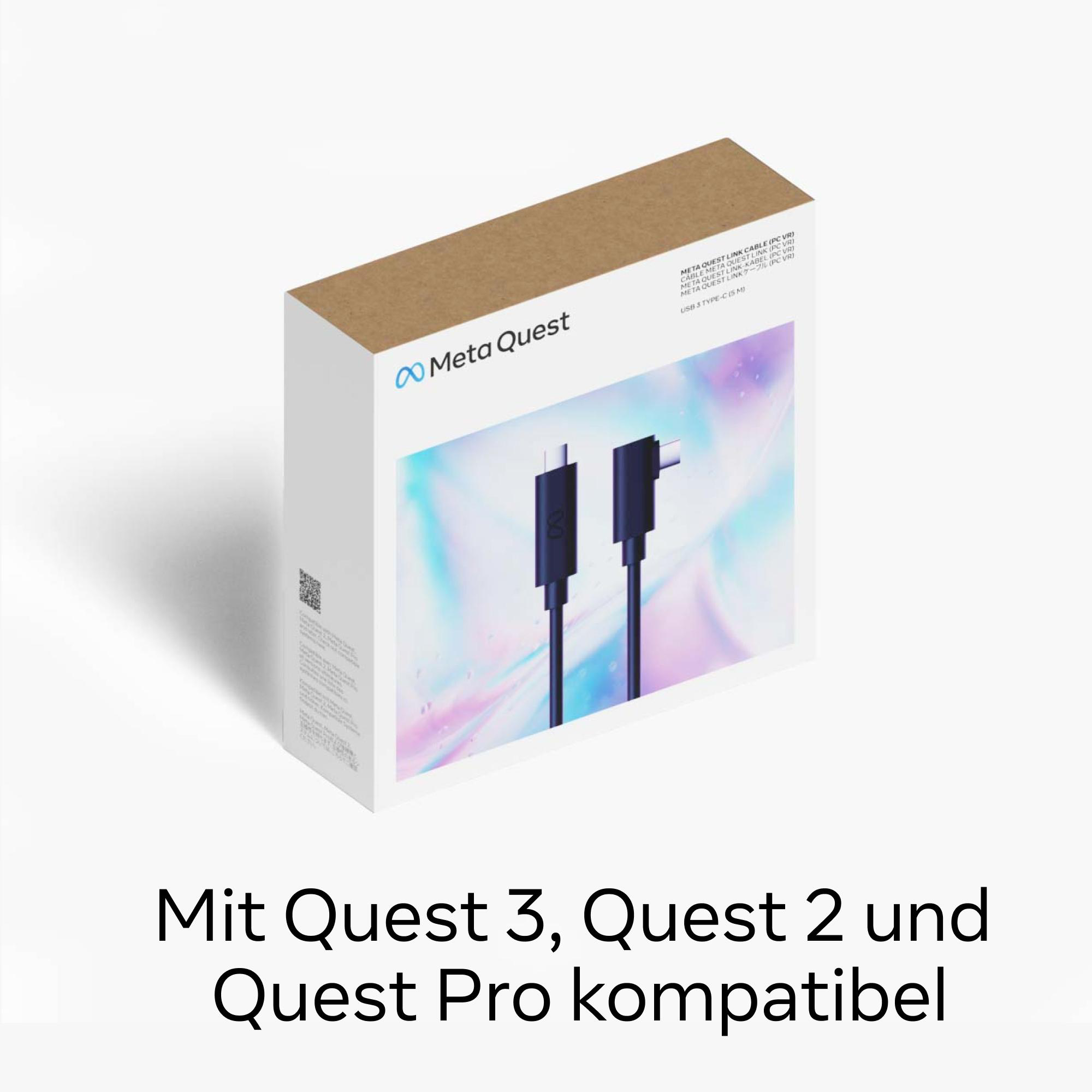 Eine weiße Box mit einem Meta Quest-Kabel und dem Schriftzug 'Meta Quest'.